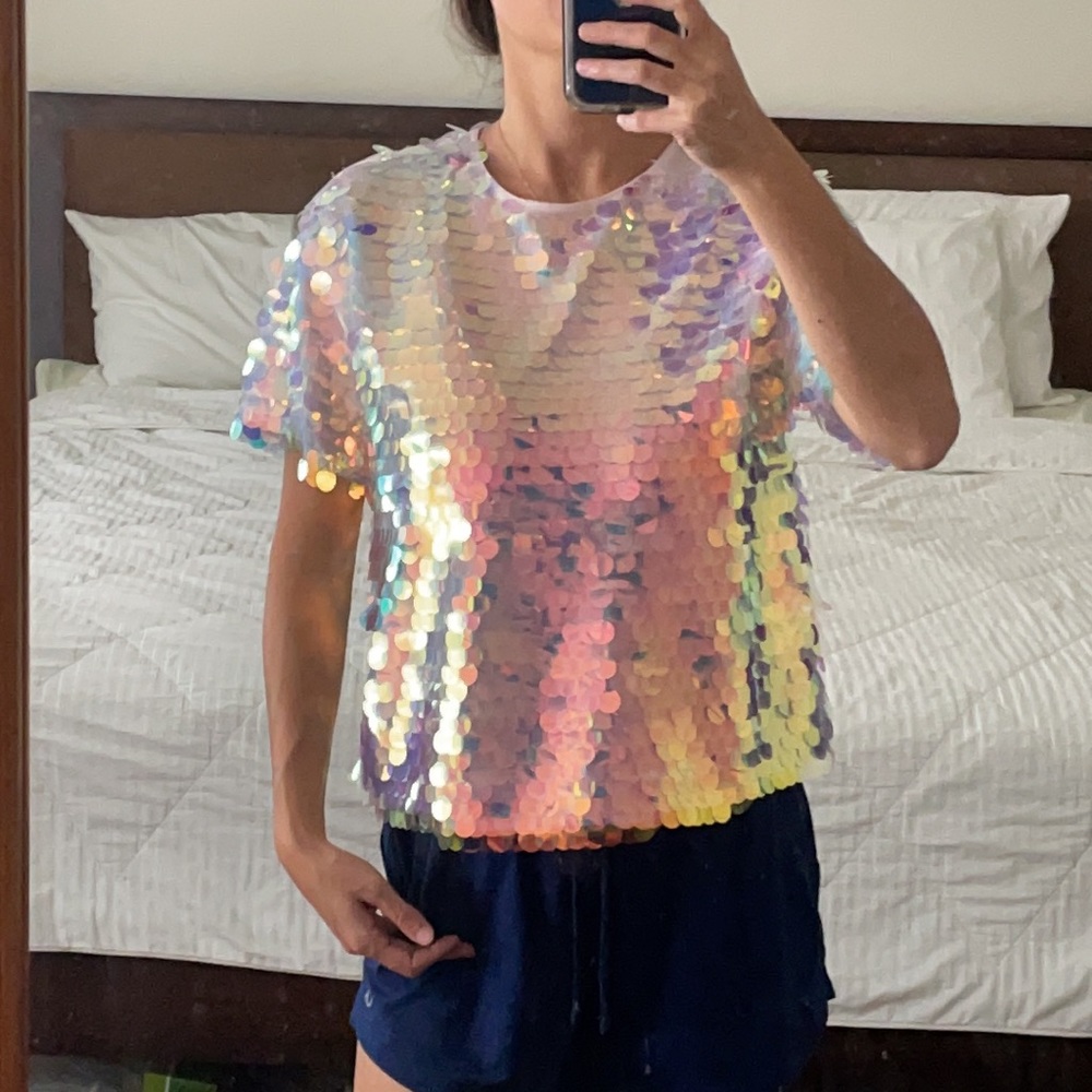 Le Superbe Mimosa Sequined T Shirt Top Shimmery Oversized Tee Size 2 - Picture 16 of 17